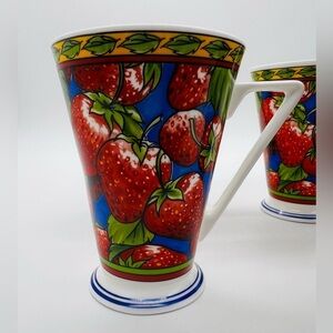 St Michael Strawberry Patterned Mugs - Set of 4 Bone China Made in the UK